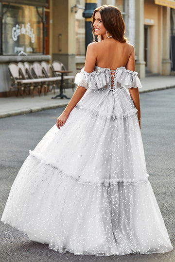 White Off the Shoulder Corset Polka Dots Long Prom Dress